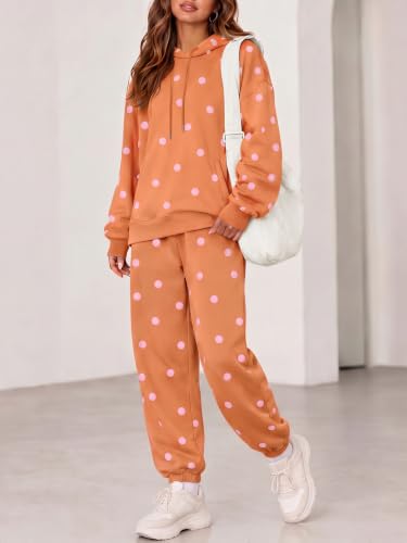 Fisoew Women's Polka Dot 2 Piece Set Large Brown Long Sleeve Hooded Top & Jogger Pants