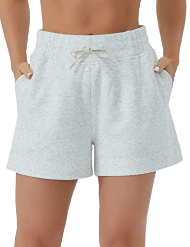 Women's Drawstring Sweat Shorts High Waisted Summer Workout Lounge Shorts with Pockets Heather White Medium