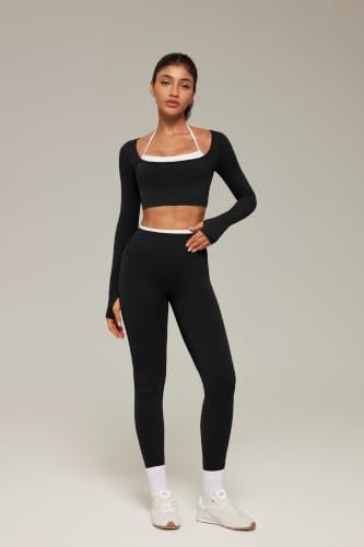 Layered Workout Sets for Women with Pockets Halter Pilates Gym Set - Black Medium