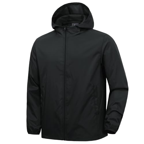 Men's Lightweight Hooded Waterproof Rain Jacket - Black, Medium, Packable Windbreaker