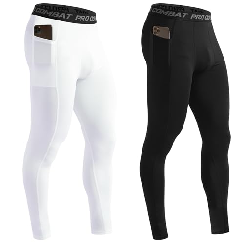 Men's Compression Workout Pants with Pockets - Medium Black & White