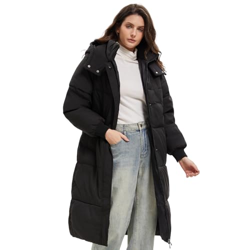 PUFFIT Women's Long Puffer Jacket - Thickened Winter Down Coat, Medium Black