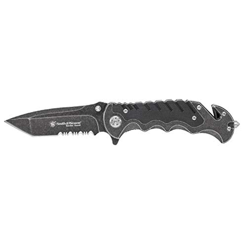 Stonewash Serrated Border Guard Folding Knife - High Carbon Steel, Aluminum Handle, Tactical, Survival, EDC