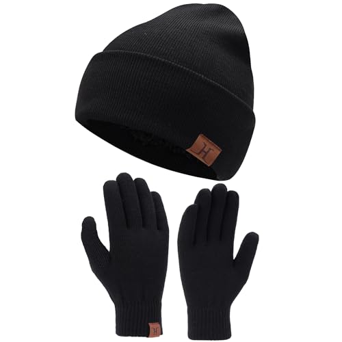 Winter Beanie Hat and Touchscreen Gloves Set - One Size Black
