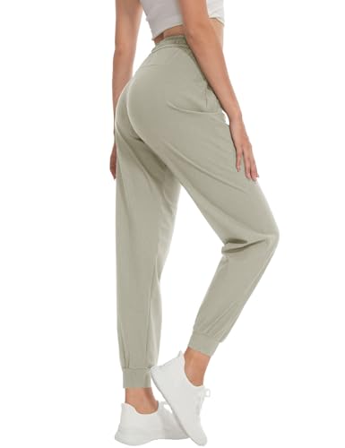 Women's Khaki Joggers with Zipper Pockets - Medium, 34-Inch Inseam, Lightweight Lounge & Workout Pants