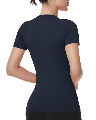 Runhit Women's Short Sleeve Compression Workout Shirt Medium Navy - Athletic Gym Base Layer