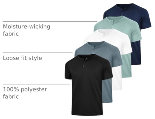 Men's Henley Shirt 5 Pack - Moisture Wicking Breathable Short Sleeve Basic T-Shirts