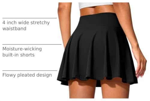 Women's 14-Inch Tennis Skirt with Pockets and Tummy Control Shorts - Black, Medium
