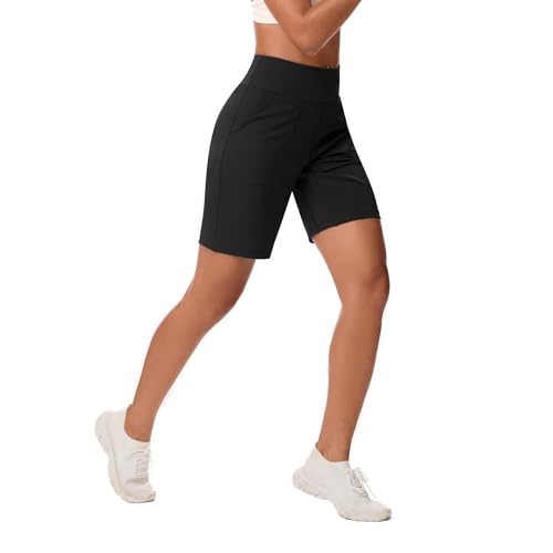 Women’s Bermuda Shorts with Zipper Pocket High Waist Long Athletic Shorts - Large Black