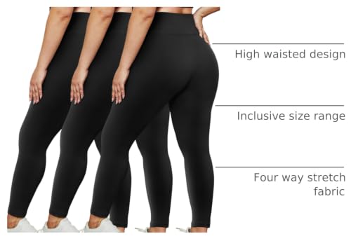 Plus Size High-Waisted Stretch Leggings for Women 26 Inch XX-Large Black 3 Pack
