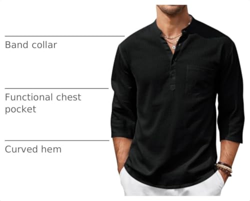 Men's Casual Linen Henley Shirt - 3/4 Sleeve Summer Beach T-Shirt Large Black
