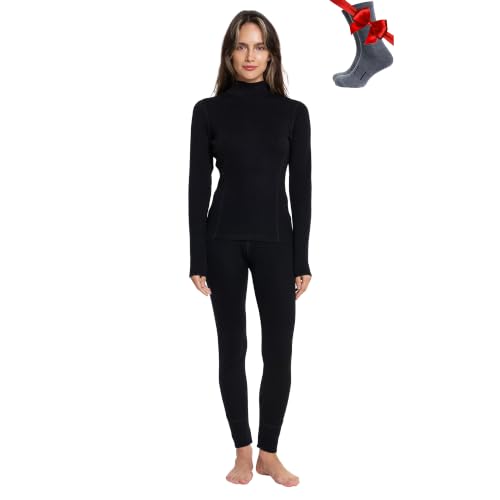 Merino Wool Base Layer Women Set - Medium / 260 Black Thermal Underwear & Socks