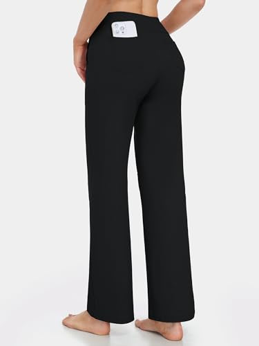 Petite Women's Wide Leg Yoga Pants - High Waist Stretch Lounge Sweatpants with Pockets - Short Black