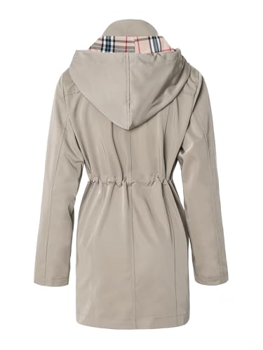 SaphiRose Women's Khaki Long Hooded Waterproof Rain Jacket, Windbreaker, Large
