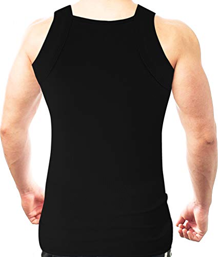 Large Black Cotton Tank Top for Men - Square Cut Muscle Rib A-Shirt