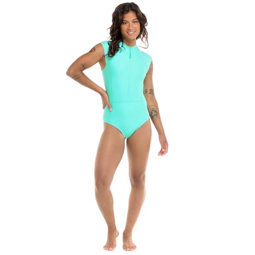 Body Glove Women's Manny Zip Front Cap-Sleeve One Piece Swimsuit Small Sea Mist UPF 50+