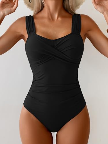 Women's Tummy Control One-Piece Swimsuit with Ruched Design and Full Coverage