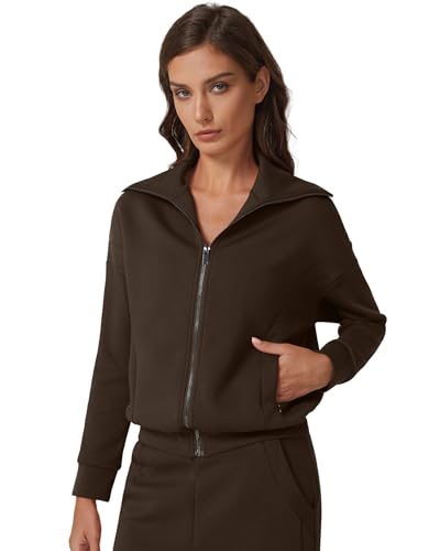 Women's Cotton 2 Piece Sweatshirt & Wide Leg Pants Tracksuit Set - Large / Brown