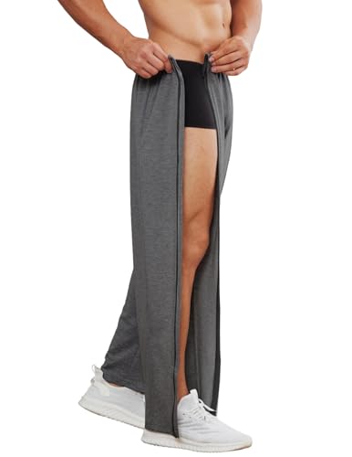 Men's Tear Away Full Zipper Sweatpants Open Bottom Post Surgery Dark Grey XL