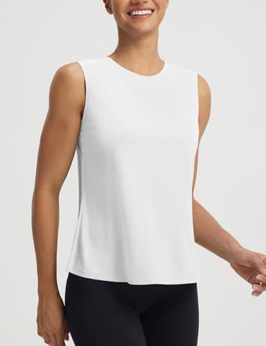 Baleaf Women's Sleeveless Workout Tank Top - Loose Fit, Split Back, White, Medium