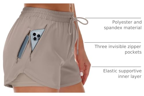 Women’s Running Shorts with Liner & 3 Zipper Pockets - Medium Khaki
