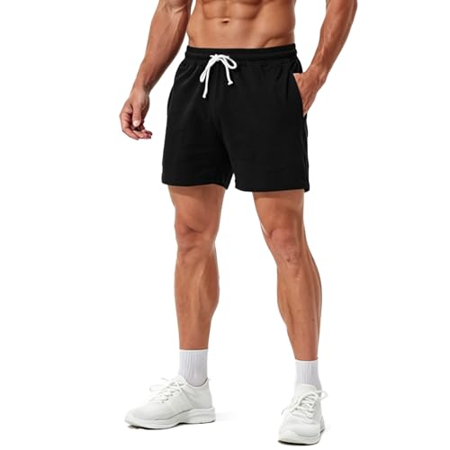 Mens Cotton Sweat Shorts 5 Inch Workout Gym Athletic Shorts with Pockets - Large / Black
