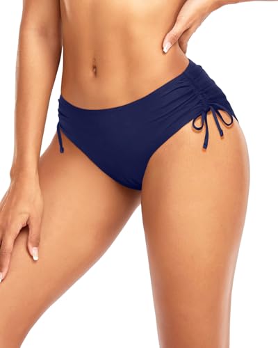 Women's Side Tie Mid Rise Bikini Bottom - Medium Navy Blue