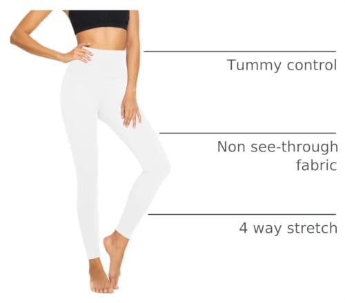 High Waist Leggings for Women - Tummy Control Yoga Pants, Full Length, Small-Medium, White