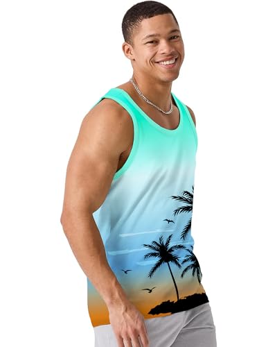 Mens Beach Tank Top – Blue X-Large Graphic Palm Tree Sleeveless Shirt for Summer Vacation & Workout