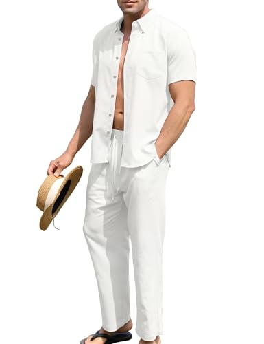 URRU Men’s 2 Piece Linen Outfit Summer Beach Set White XL - Short Sleeve Shirt & Pants
