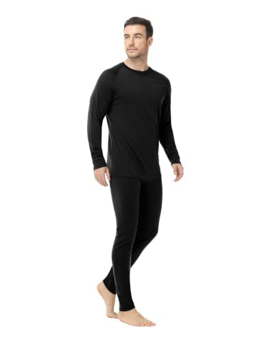 Woolcano Men's Merino Wool Base Layer Set Small Black - Lightweight Ski Base Layer