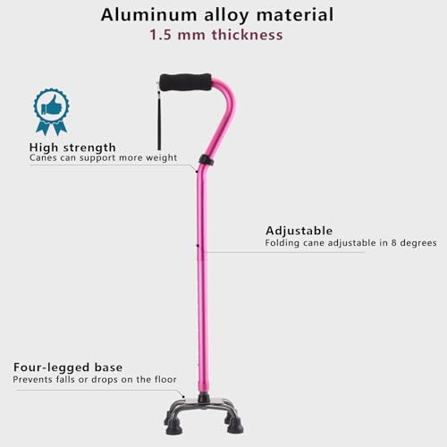 Pink Foldable Quad Canes for Seniors & Adults - Heavy Duty, Adjustable, Self-Standing Support