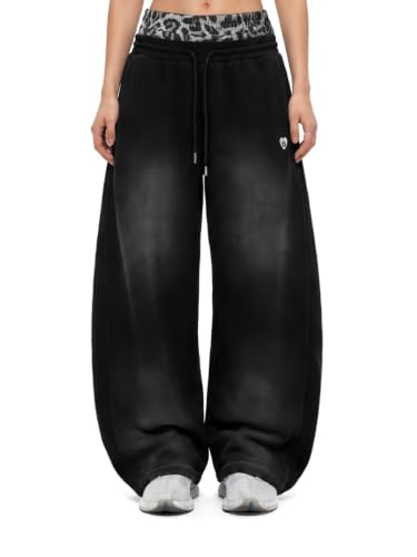 Aelfric Eden Washed Leopard Double Waist Baggy Sweatpants for Men & Women - Medium Black