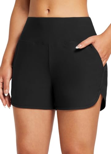High Waisted Swim Shorts with Pockets - 3 Inch Inseam, Large, Black