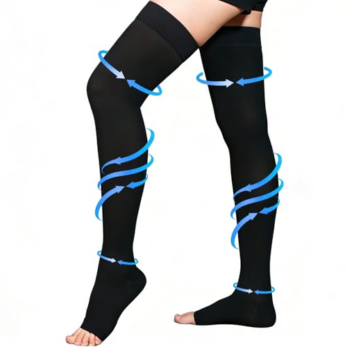 Black Large Thigh High Compression Stockings 20-30 mmHg Open Toe - Bewzilove