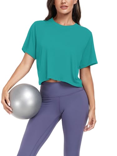 KevaMolly Women's Athletic Crop Top - Medium Z Teal Workout T-Shirt