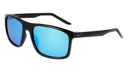 Nike Unisex Fire Large Polarized Rectangular Sunglasses Black / Polar Blue Mirror / 58mm