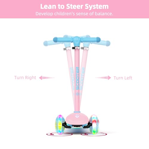 Pink Kids Scooter with Light-Up Wheels & Adjustable Height, 3-Wheel Toddler Ride-On