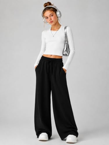 Teen Girls Wide Leg Sweatpants 2 Pack with Pockets High Waist Baggy Pants - Black & Grey 15-16 Years
