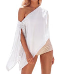 Women's Linen Off Shoulder Beach Cover Up Poncho Top One Size - White