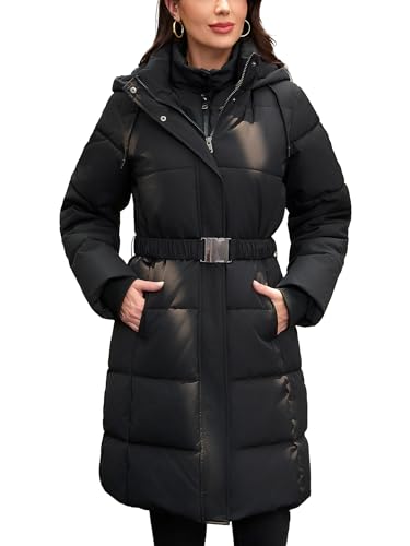 Women's Medium Black Winter Puffer Coat with Fleece Lining & Hooded Belt - Haianguoji