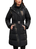 Women's Medium Black Winter Puffer Coat with Fleece Lining & Hooded Belt - Haianguoji
