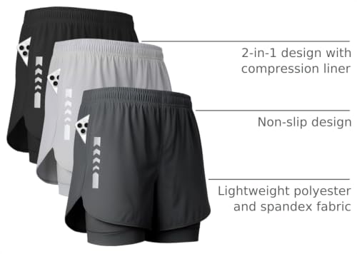 Men's 2-in-1 Running Shorts 5 Inch Gym Athletic Workout Shorts with Liner, Quick Dry, Zipper Pockets, 3-Pack - Black, Dark Grey, Light Grey