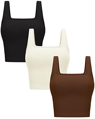 Women's Crop Tank Tops 3-Pack Square Neck Workout Tops - Large Black Brown Beige