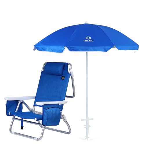 Nice C 1 Pack Blue Reclining Beach Chair with Umbrella & Cooler - Portable Outdoor Seating