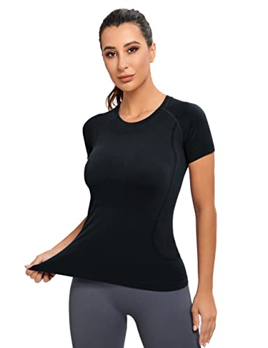 MathCat Women's Compression Workout Shirts Black & White XL - Soft Seamless Gym Top for Running