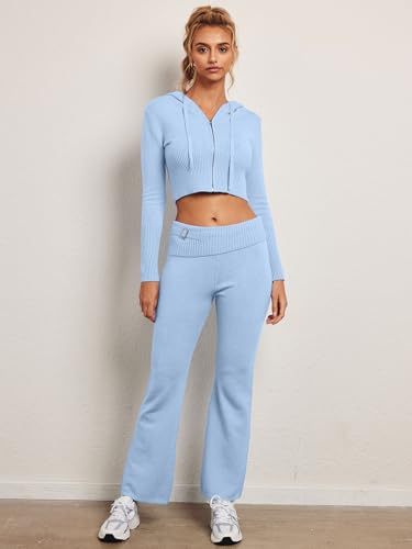 Women's 2 Piece Knit Sweatsuit Set - Light Blue Large Fall 2026 Y2K Trendy Lounge Outfit