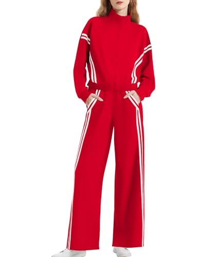 Women's 2 Piece Lounge Sets Zip Up Sweatshirt & Striped Tracksuit - Medium Red