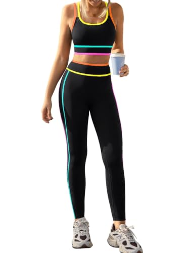 Popvil Women's Workout Sets Sports Bra & High-Waisted Leggings Black Large