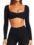 Women Square Neck Cropped Long Sleeve Workout Top with Built-in Bra - Small Black